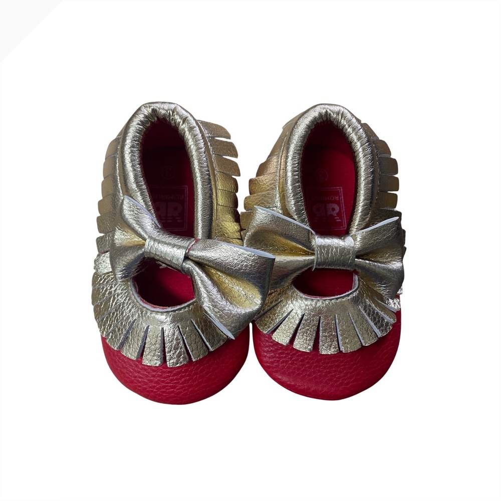 Romirus‎ Red Gold Leather Baby Moccasins Fringe Bow Soft Sole Shoes Size 3